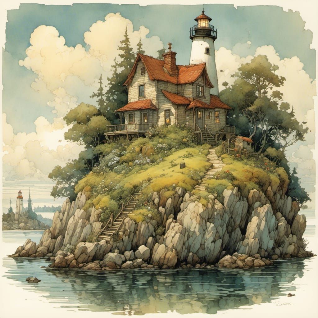 lighthouse on a small island with cute cottages, <lora:a past world:1.0> 