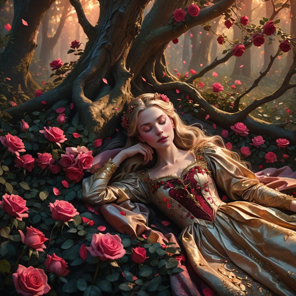 The sleeping beauty surrounded by red and pink roses,  Reali...