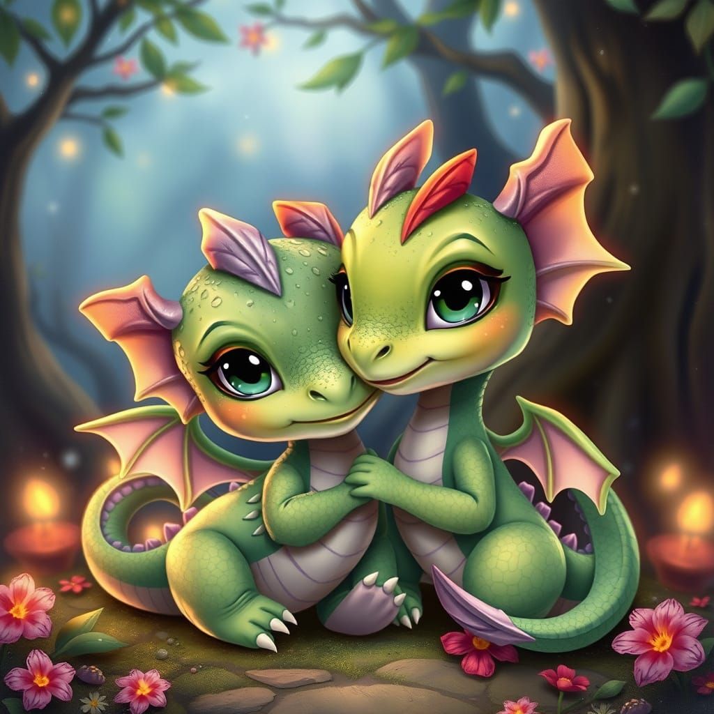 una ilustración de un adorable bebé dragón verde, sentado al lado de su pareja una bebé dragona coqueta, ...  by @Mabel
