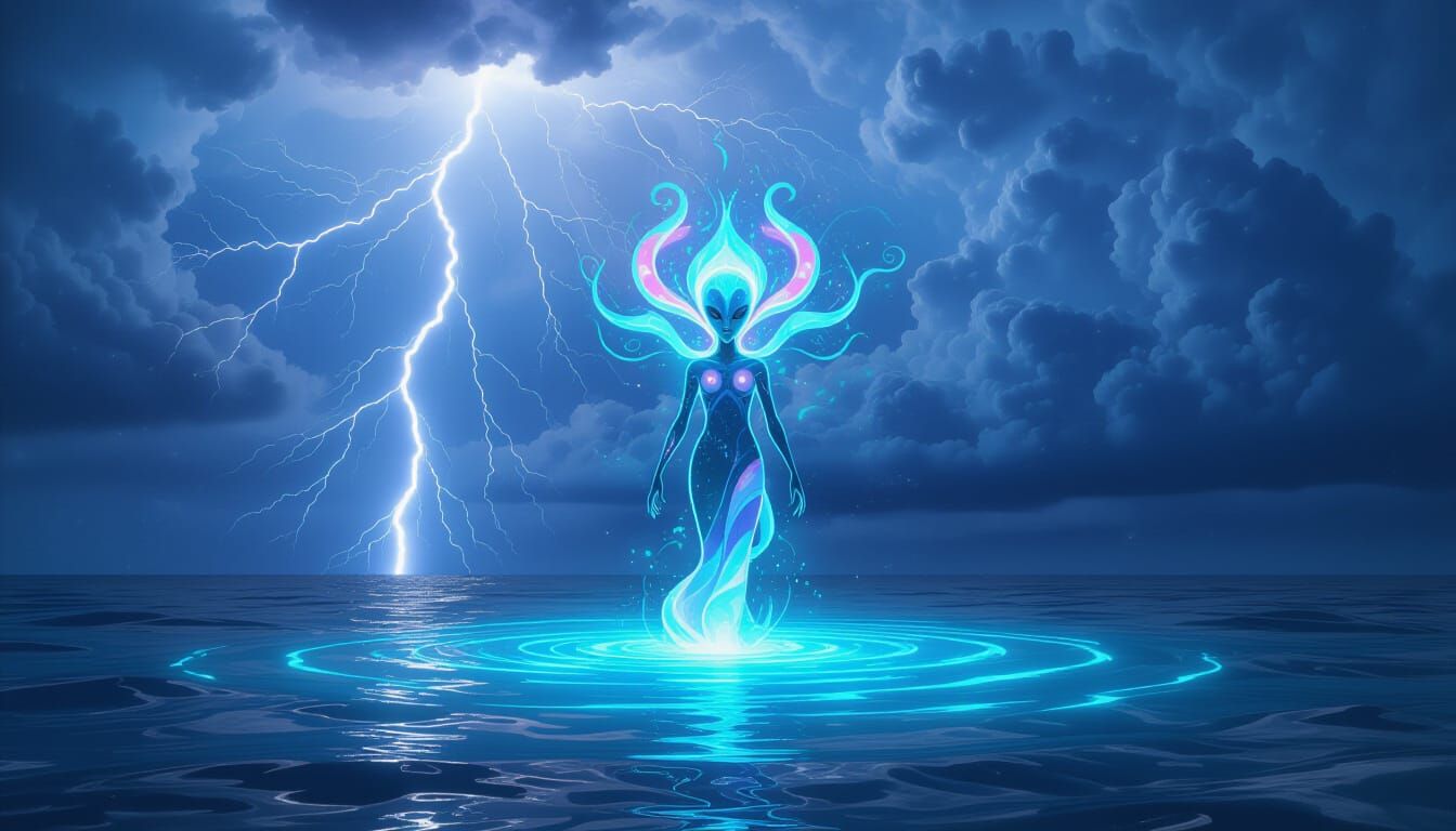 "Surreal scene of a powerful lightning bolt striking across cosmic storm clouds above a glowing blue ocean. In the center, a fantastical ali...