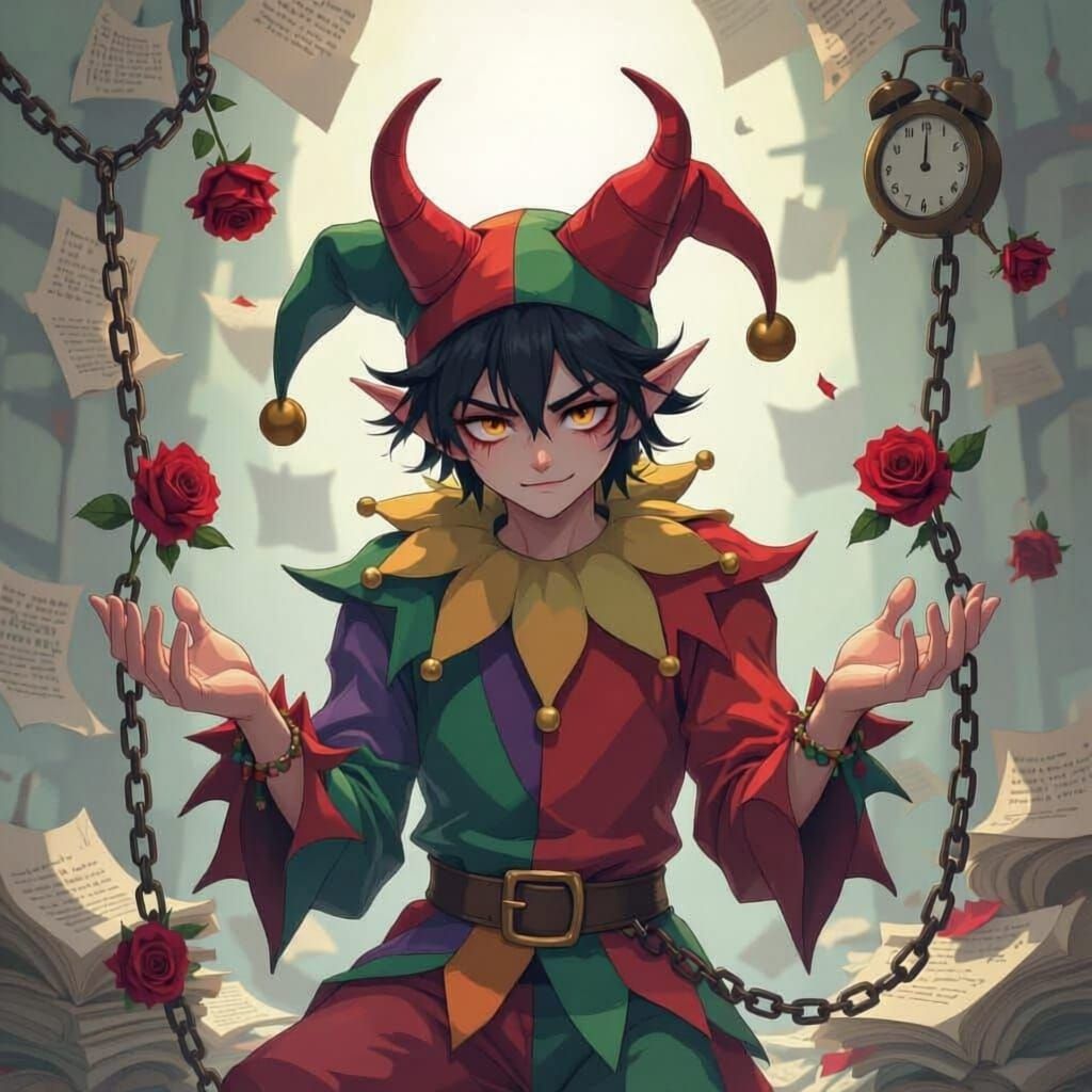 A devil dressed up as a jester in a anime style that looks like he's overworked
