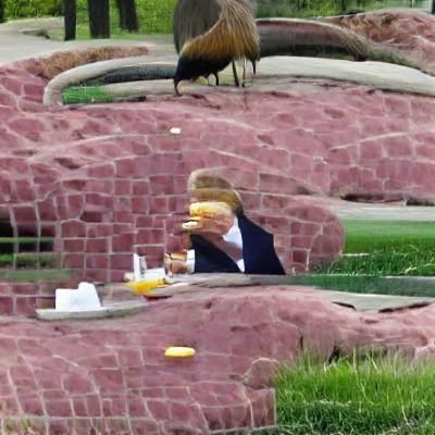 donald trump eating a cheeseburger in a park