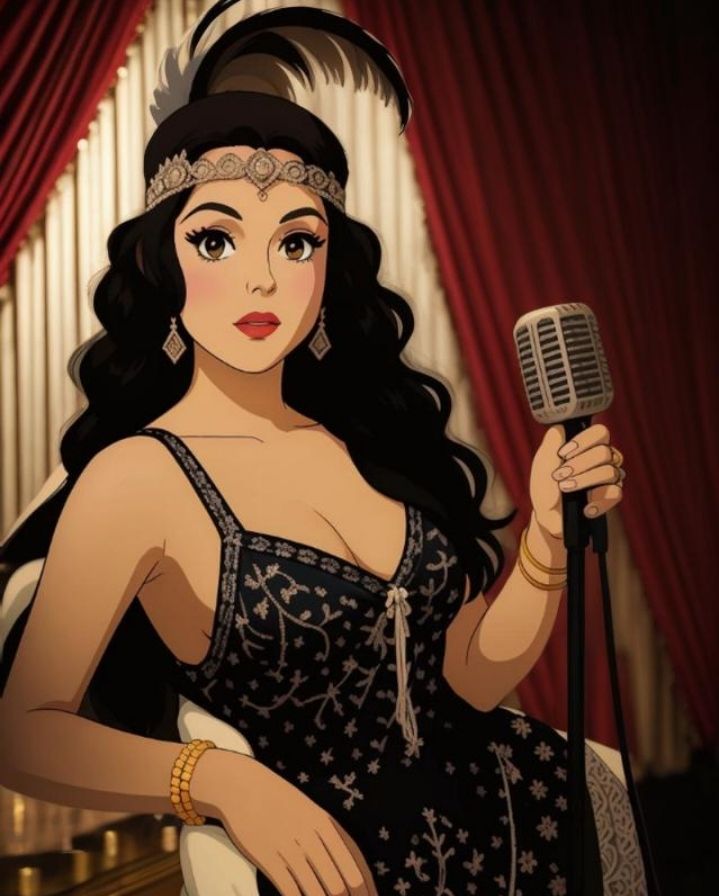 A woman in a black flapper dress, poised elegantly and holdi...