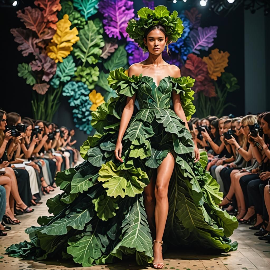 female model walking on the fashion show runway wearing revealing gown made entirely of multi-colored ...  by @Kattrack1000