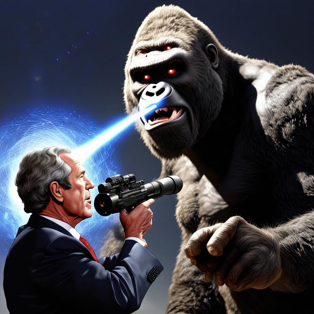 Giant George W. Bush and King Kong shooting lasers at each o...
