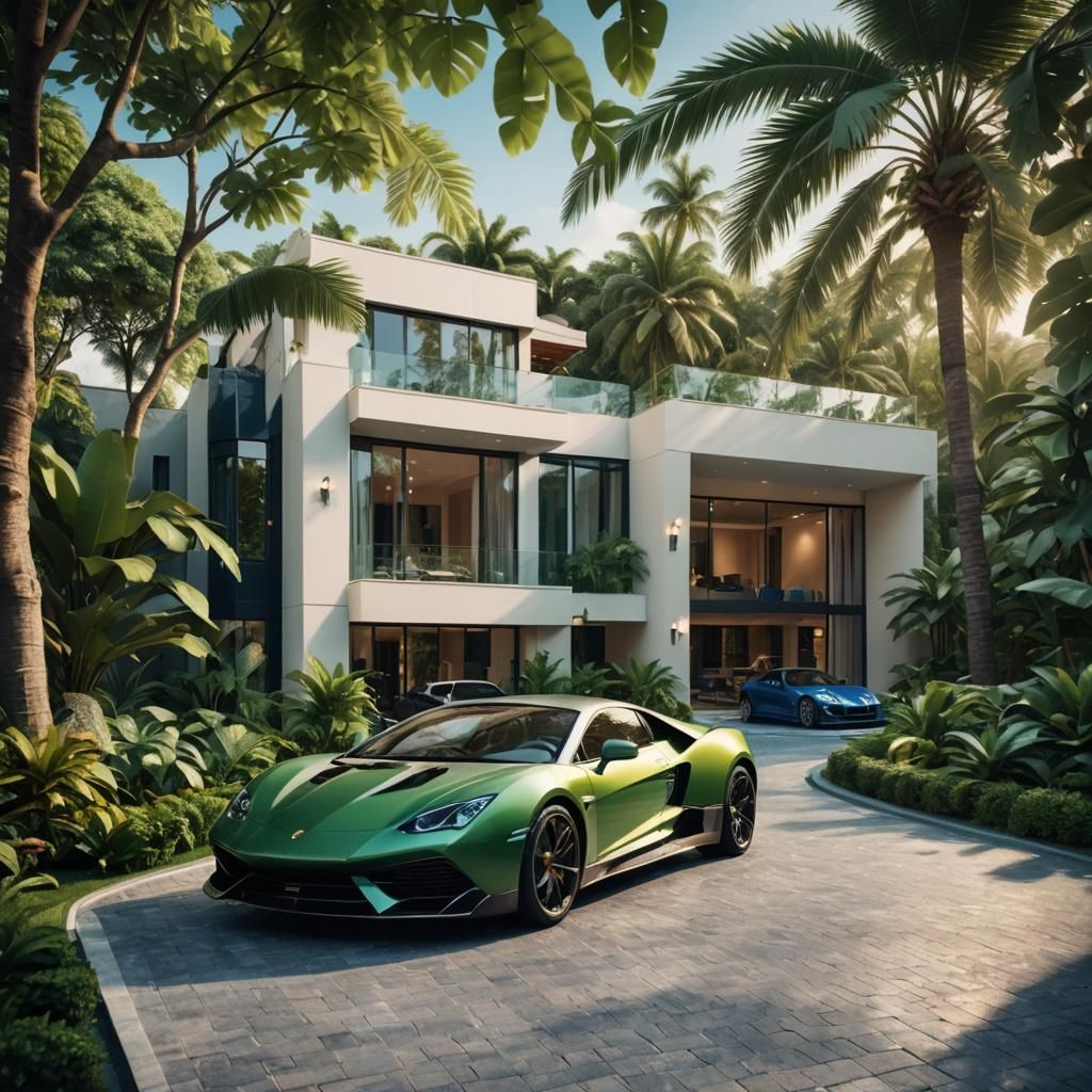 Luxurious Villa with Sports Car in Oil Painting Style