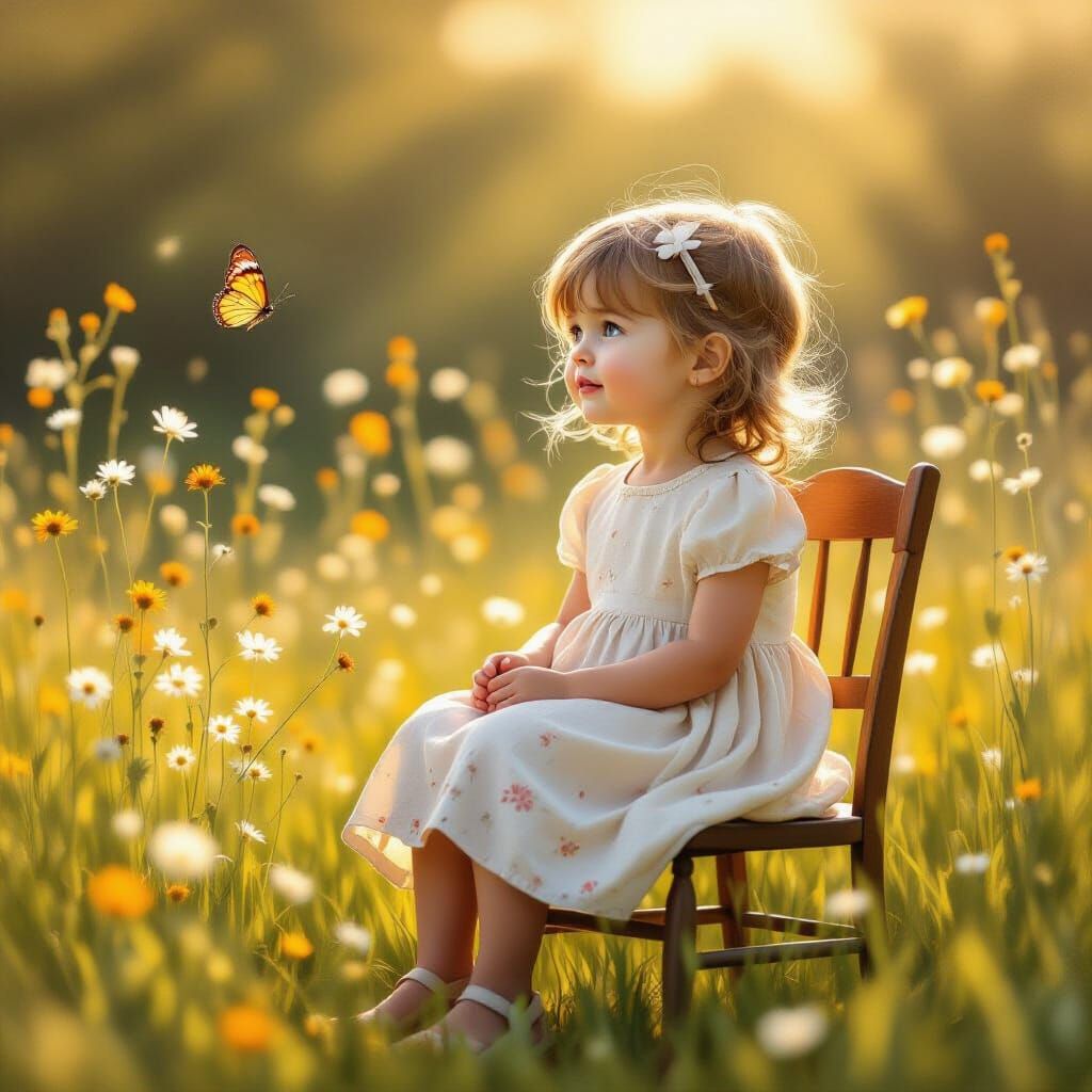 Child Gazes at Butterfly in Sunlit Meadow