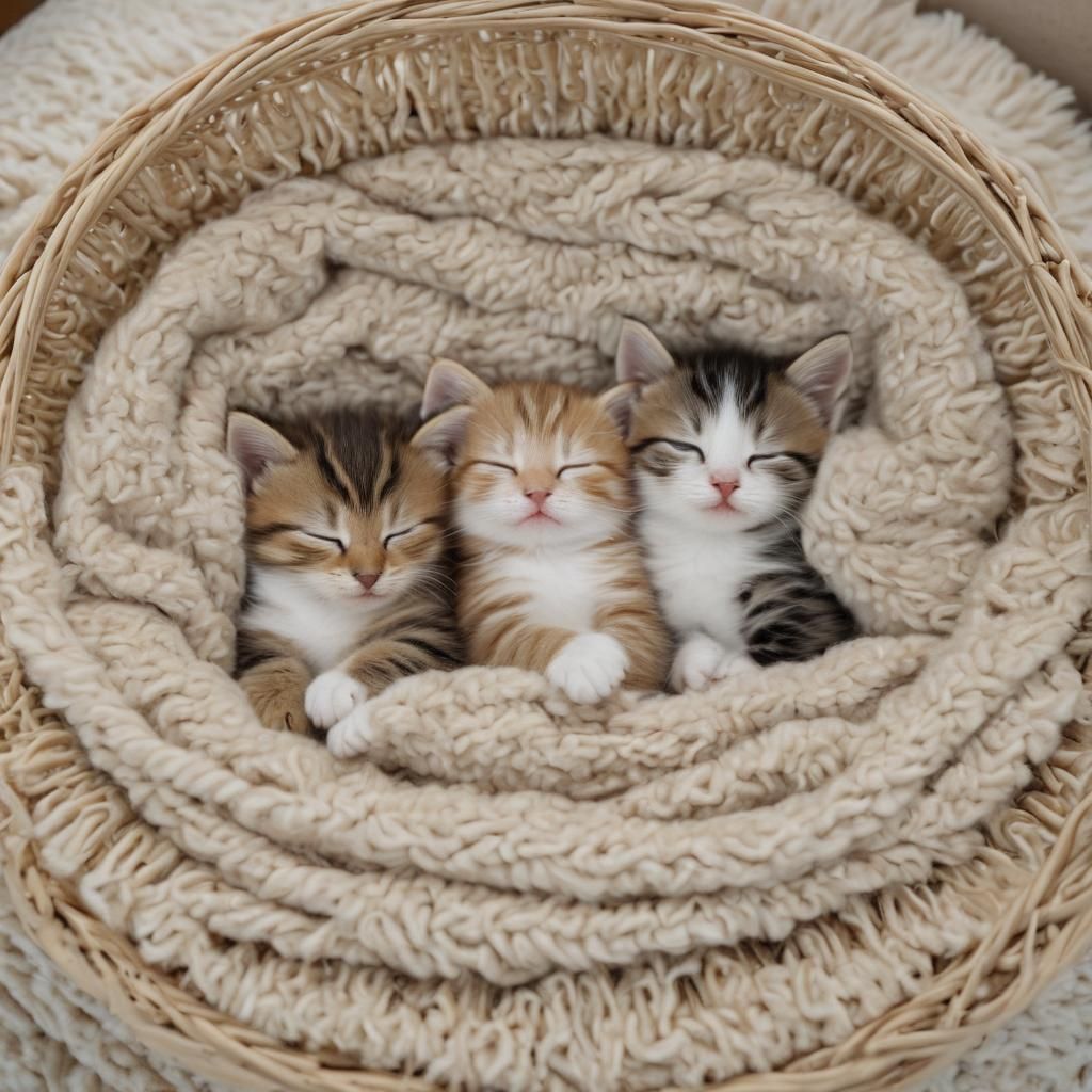 Tiny little kittens sleeping in a basket of blankets #2