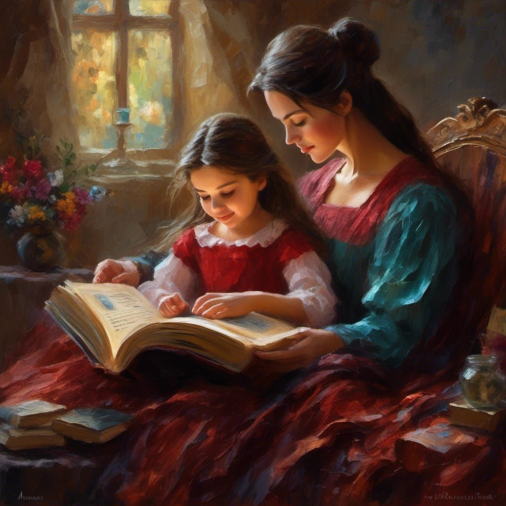 Impasto Painting of Mother and Child Reading