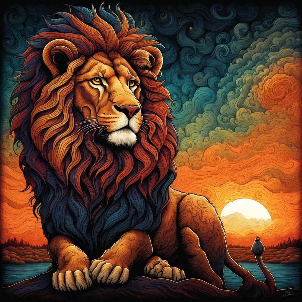 portrait, lion, African Sunset, majestic, Regal, ultradetailed, poster art, Andy Kehoe, Dan Mumford  by @Topher