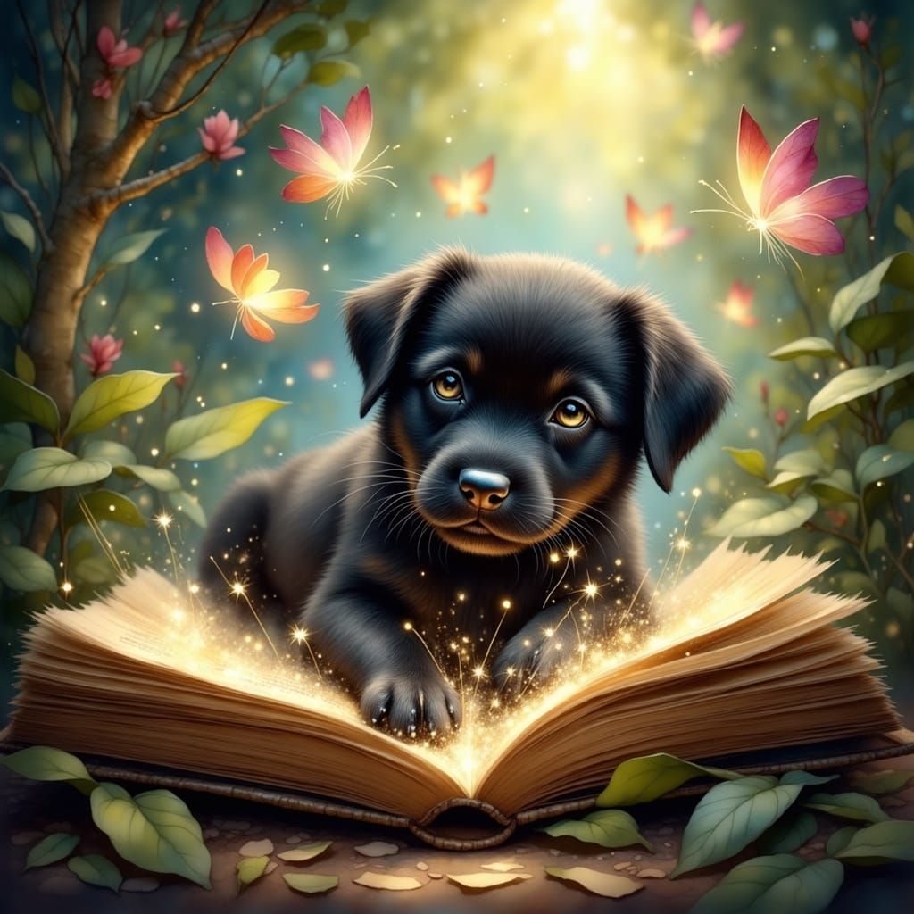 An adorable black puppy with shiny fur and bright eyes lies on an open ancient magical book. From the pages, glowing butterflies and sparkli...