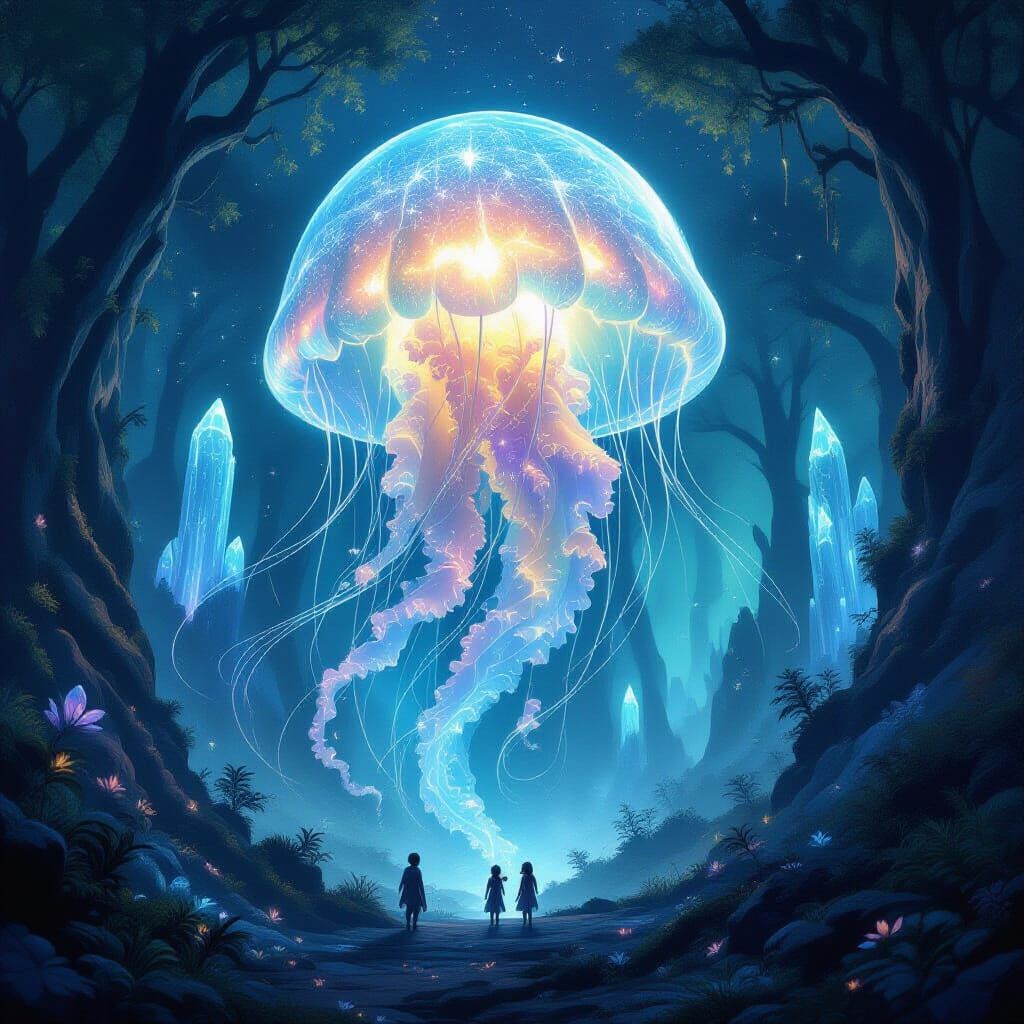 A breathtaking, high-fantasy scene where a colossal, glowing jellyfish-like creature, resembling a nebula, floats through the canyons of a b...