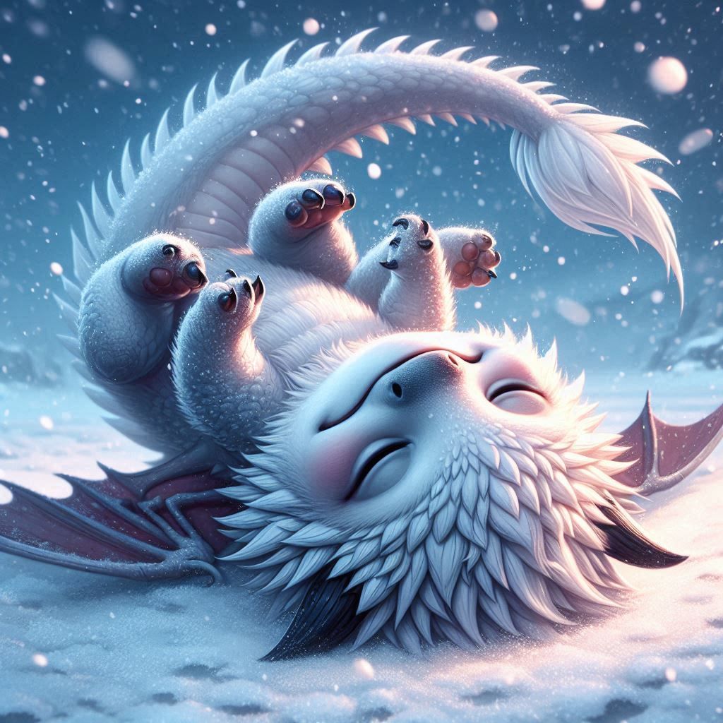 Baby Dragon rolling in the snow