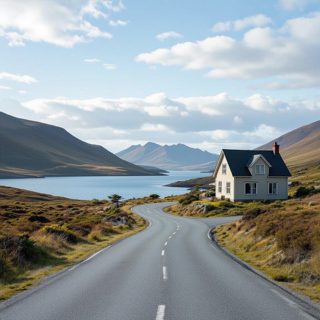 A realistic scenery photo of a house on the right of a road that’s going down the middle of the photo with a bend in it, hills to the left o...