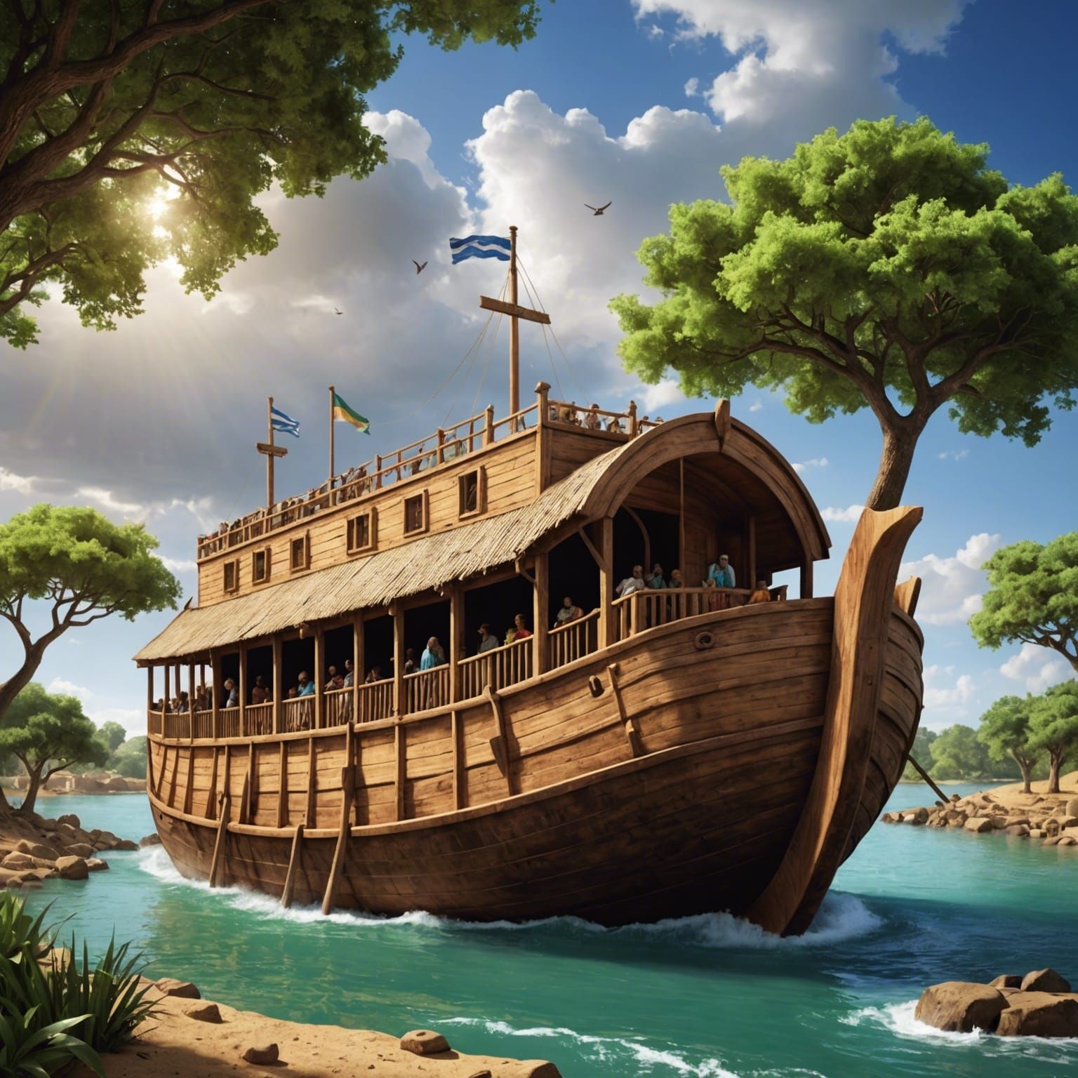 Hyperrealistic Noah's Ark Amidst Flood Waves