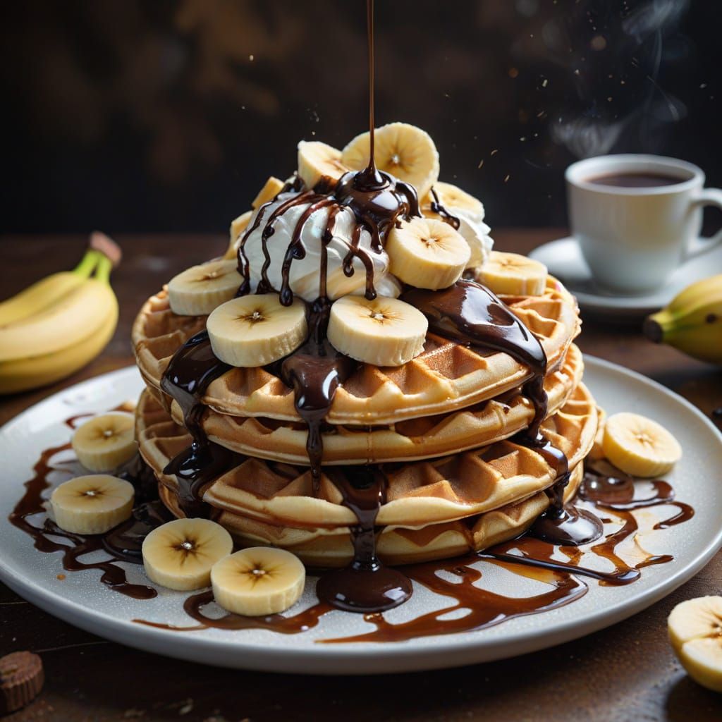 a pile of waffles with slices of bananas, chocolate sauce and whipped cream  by @Victoria G