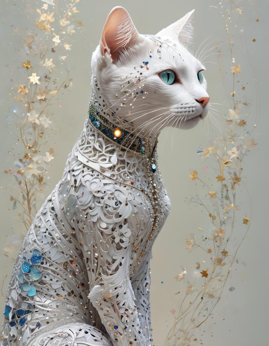 full body shot of a Magical white cat