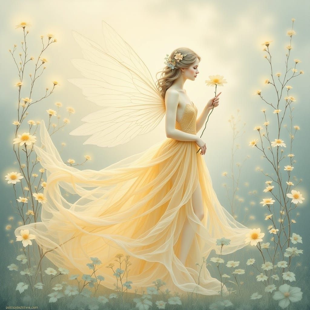 <lora:MrsH Delicate Fae:1.0>  use pastel hues, an ethereal fairy dress in billowing golden dress holding a flower , minimalist abstract art,...