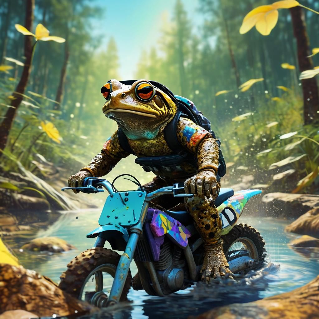 A cane toad riding a motorcross bike through a creek in a fo...