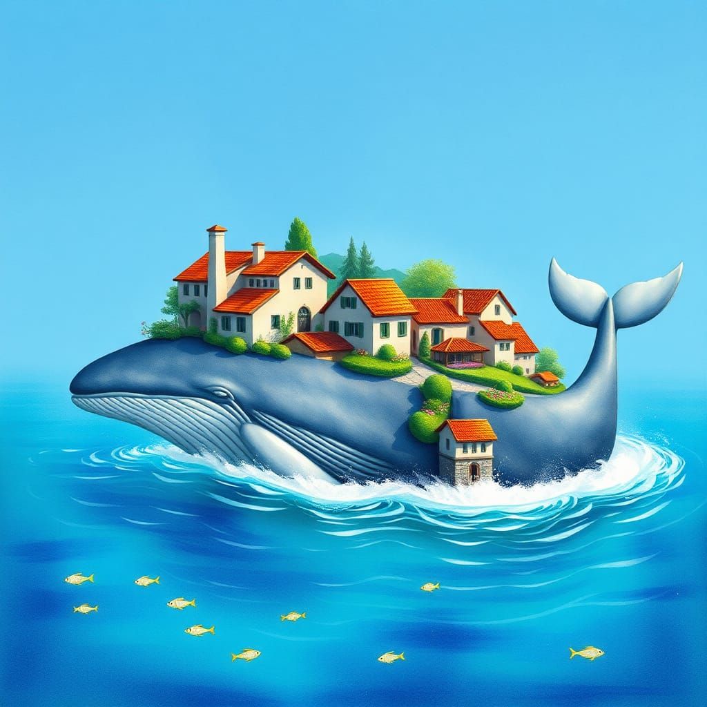 Whimsical Whale Breaching with Country Houses