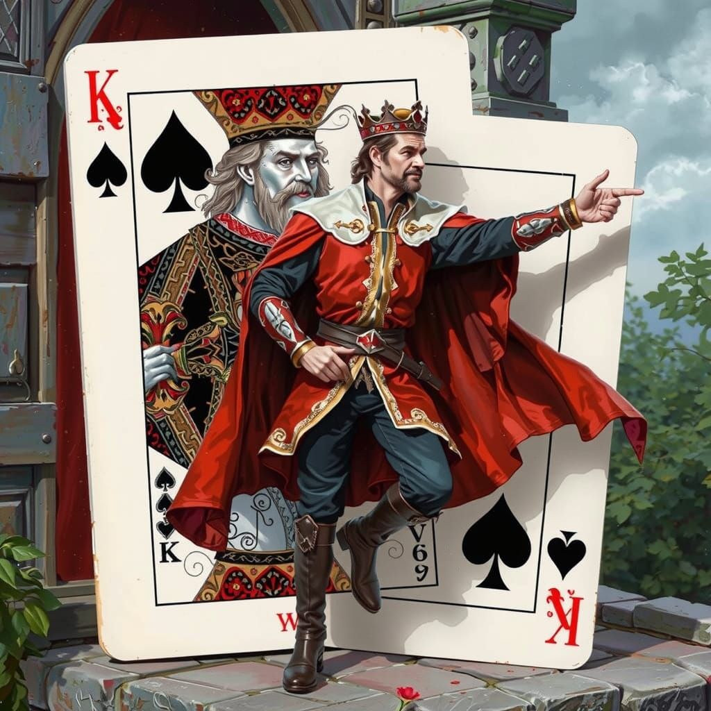 highly detailed children's book illustration: Pierce Brosnan, dressed as medieval King of Spades stepping ...  by @Jano