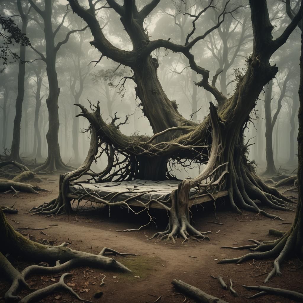 Surreal Bed in Misty Forest, Salvador Dali Style