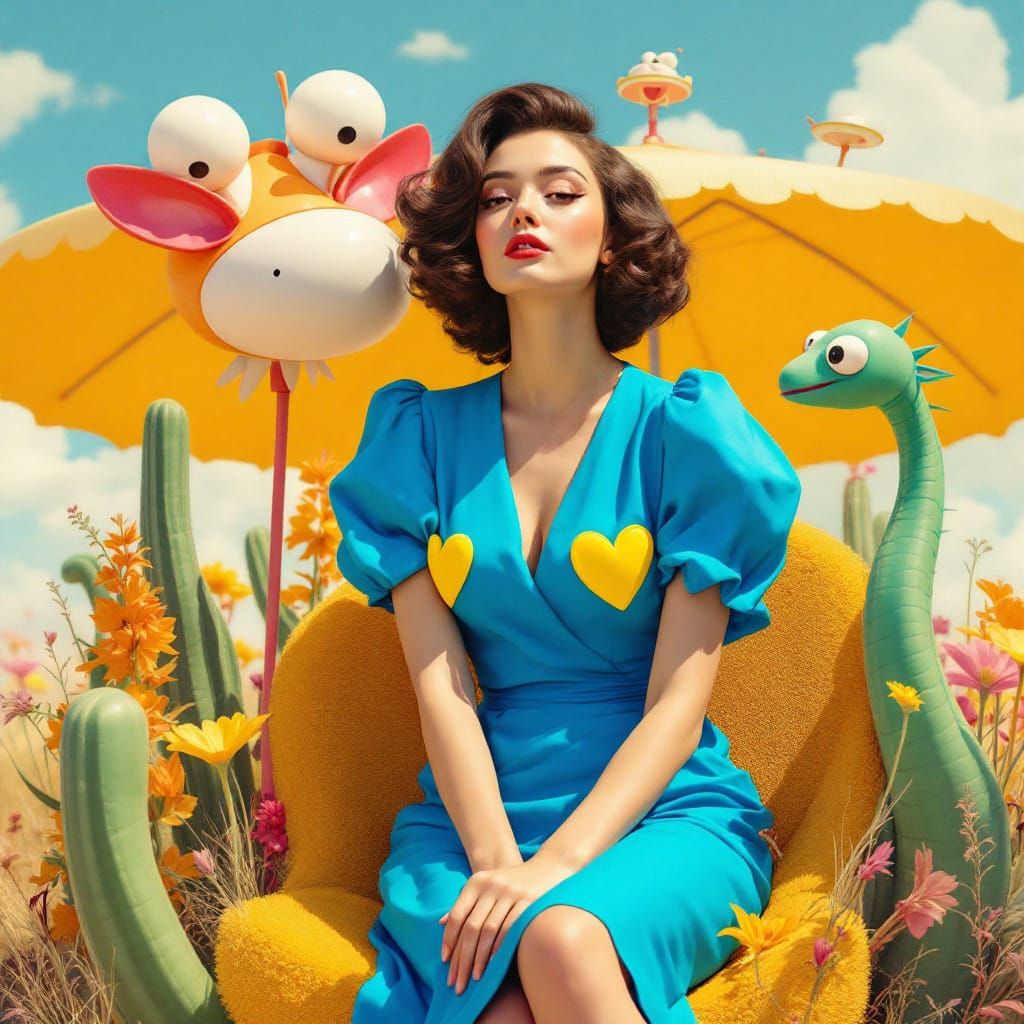 Retro vintage scene woman bright blue dress yellow heart-sha...