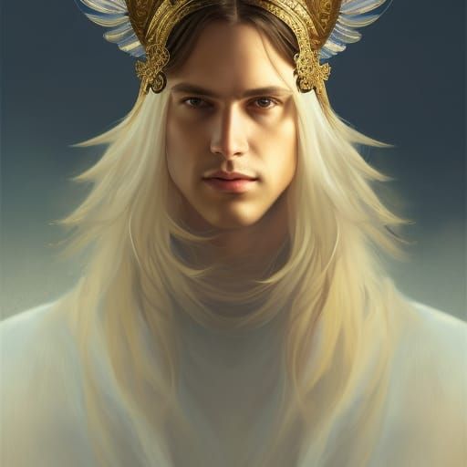 Royal regal Angelic males model long hair gold accessories a...