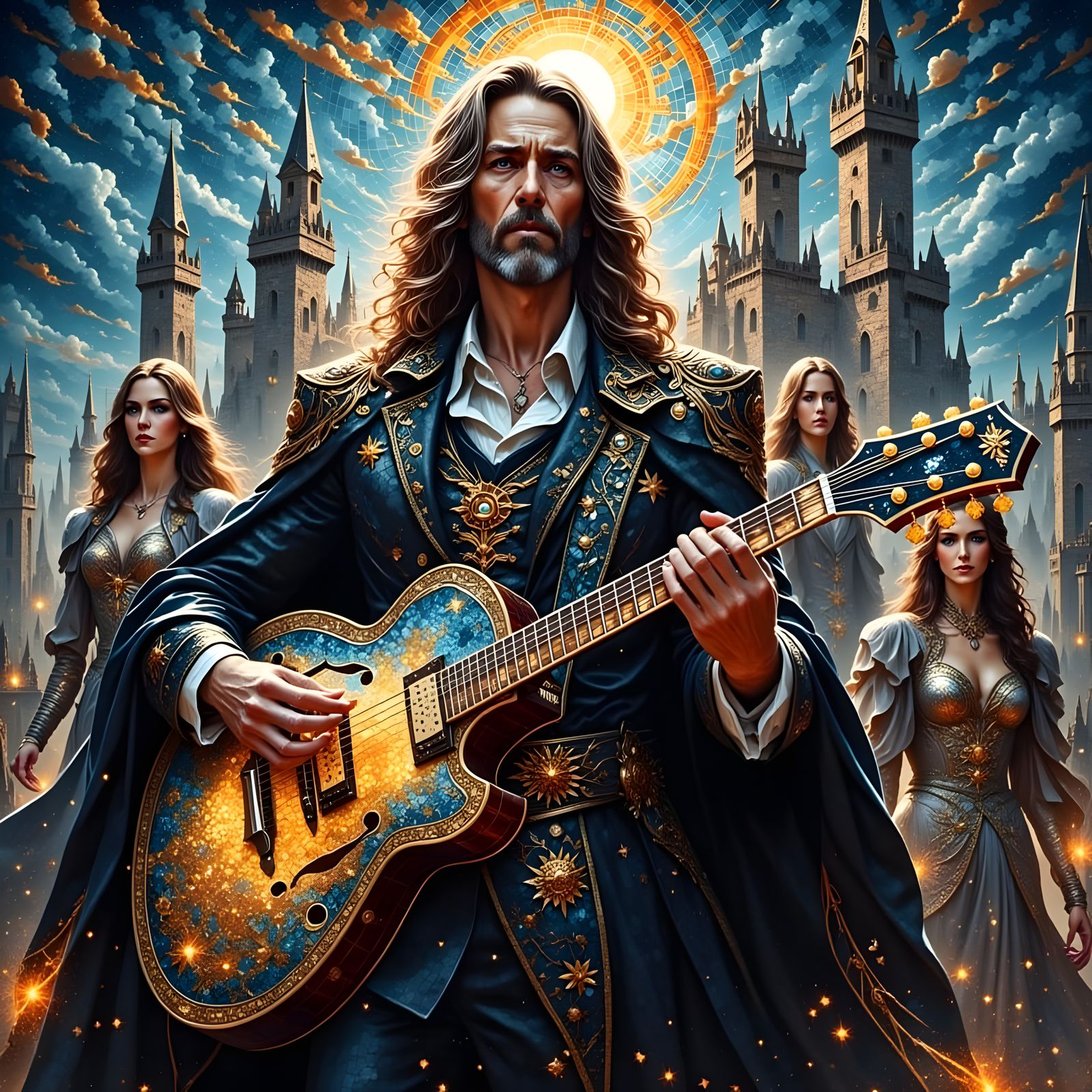 "Grandure<lora:Tile-SunshineFLUX:1.0>"  A dramatic fantasy scene featuring a long-haired man playing ...  by @Bill Wallace