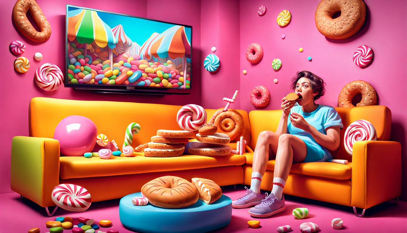 Someone eating a bread and watching tv on a couch  Candy art...