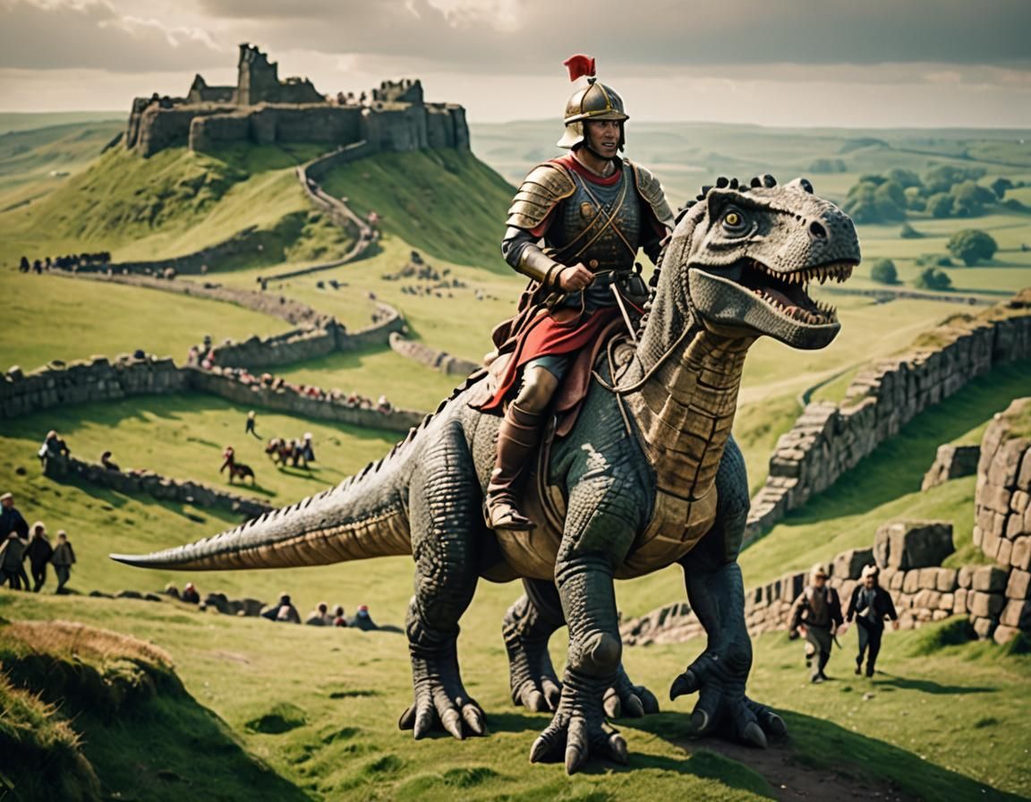 A Roman Solider Riding a Dinosaur at Hadrian's Wall