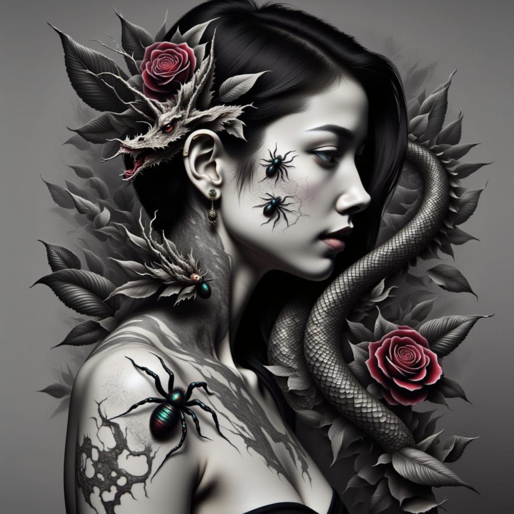 Black widows flowers and spider webs realistic hyper detail photography 3d tattoo <lora:3D Tattoos:1.3> 
