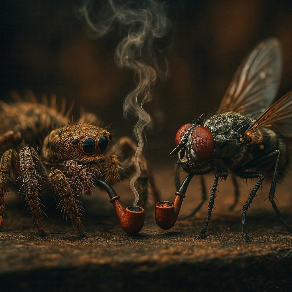 Spider and fly friendly smoking their pipes together