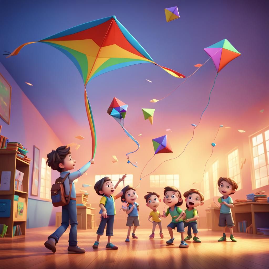 some childrens in a classroom flying a kite full of educatio...