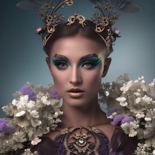 Magazine shoot of ethereal maiden adorned with flowers and light ...