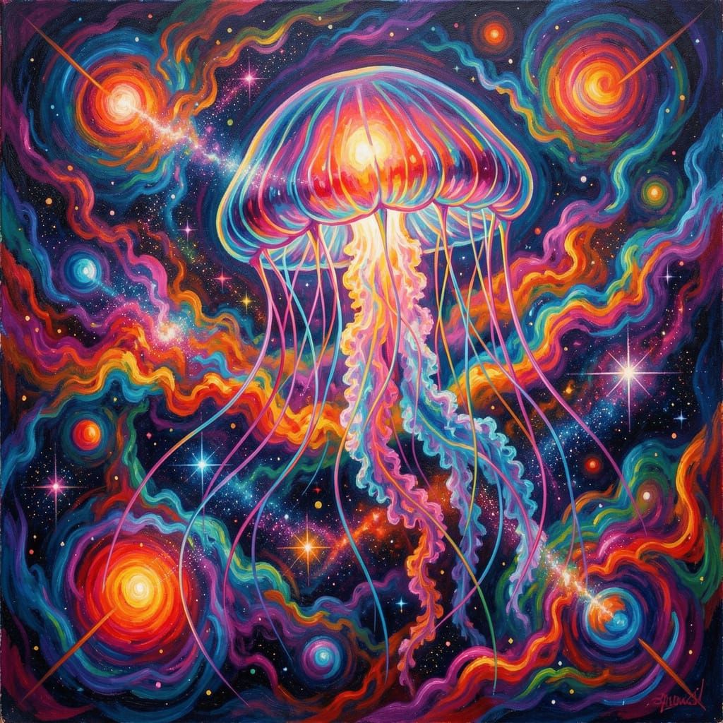 Cosmic Jellyfish Nebula in Psychedelic Fluid Art Style