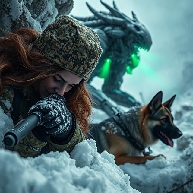 In the dead of winter, a woman and her dog hide under a boul...