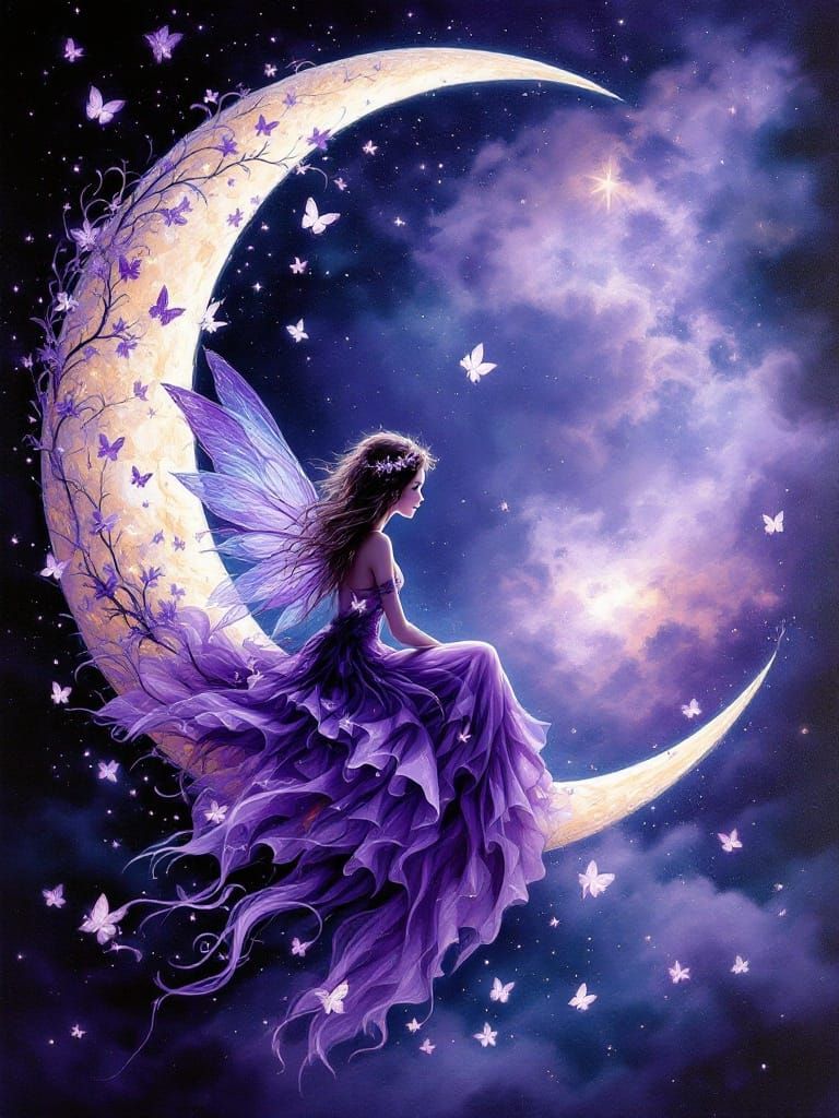 fairy sitting in the moon.  by @Ylona