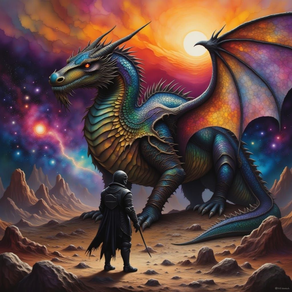 A lone knight in obsidian armor stands on a windswept, alien planet, gazing at a colossal, ancient dragon coiled around a crystalline spire ...
