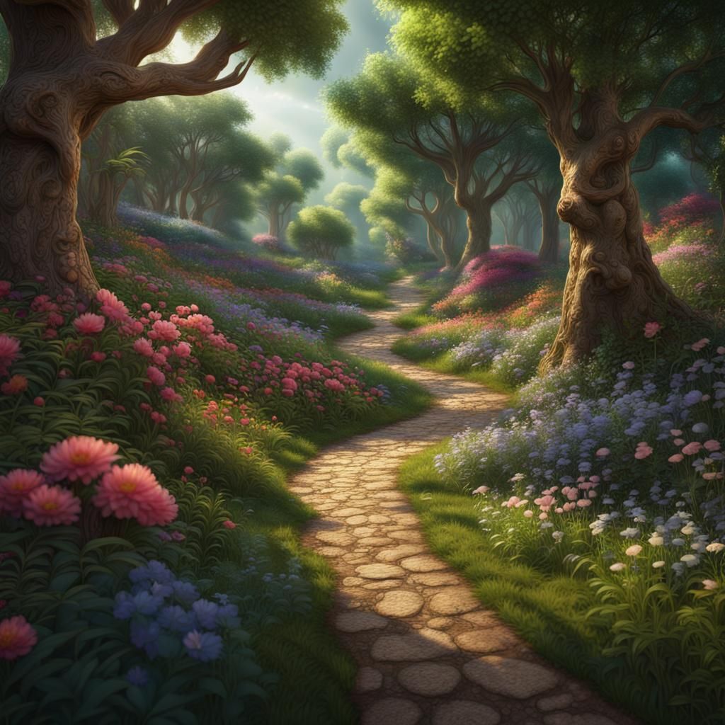 A lush flowery and lively wooded scene with a walking path curved through.