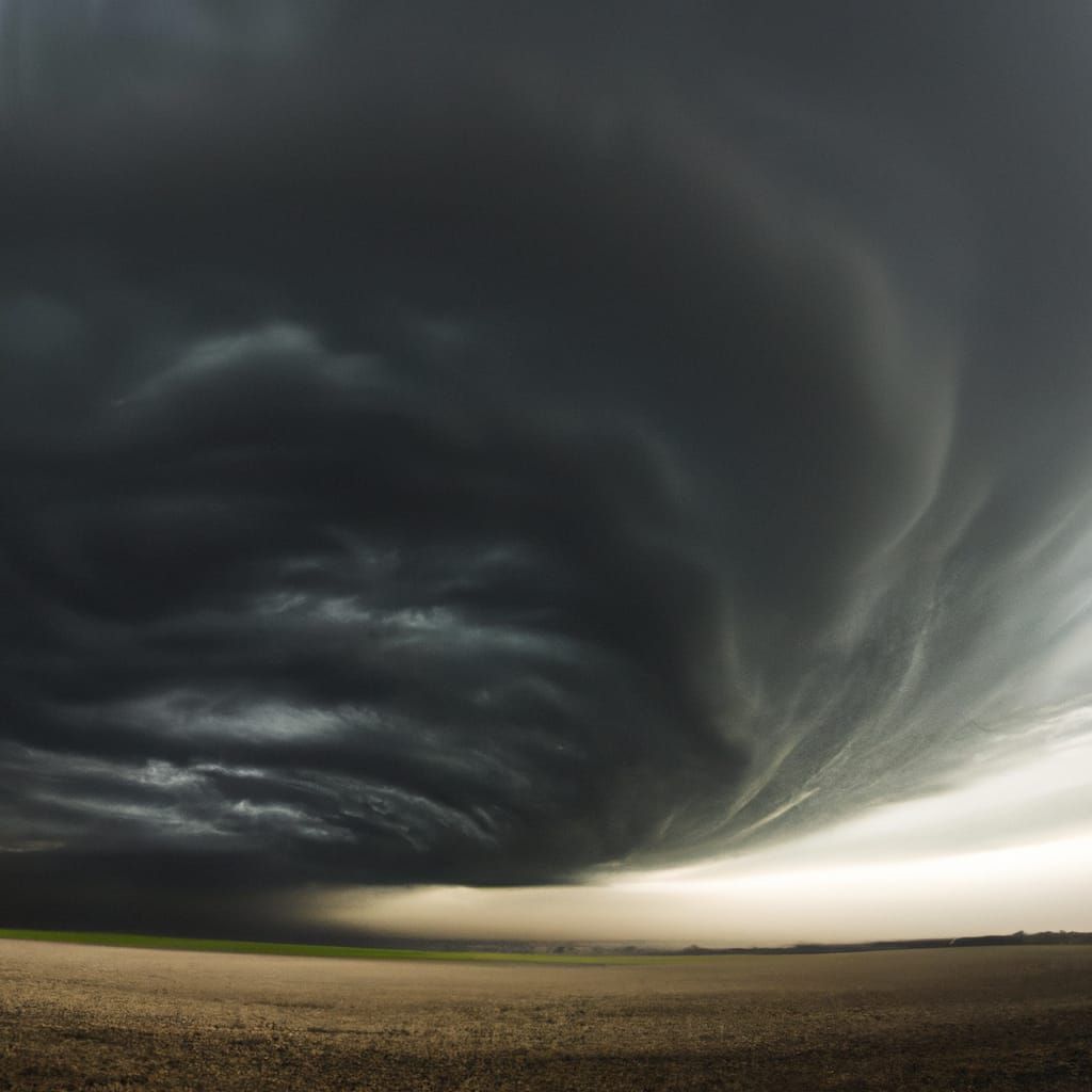 Dark supercell rotational clouds over desolate landscape wit...