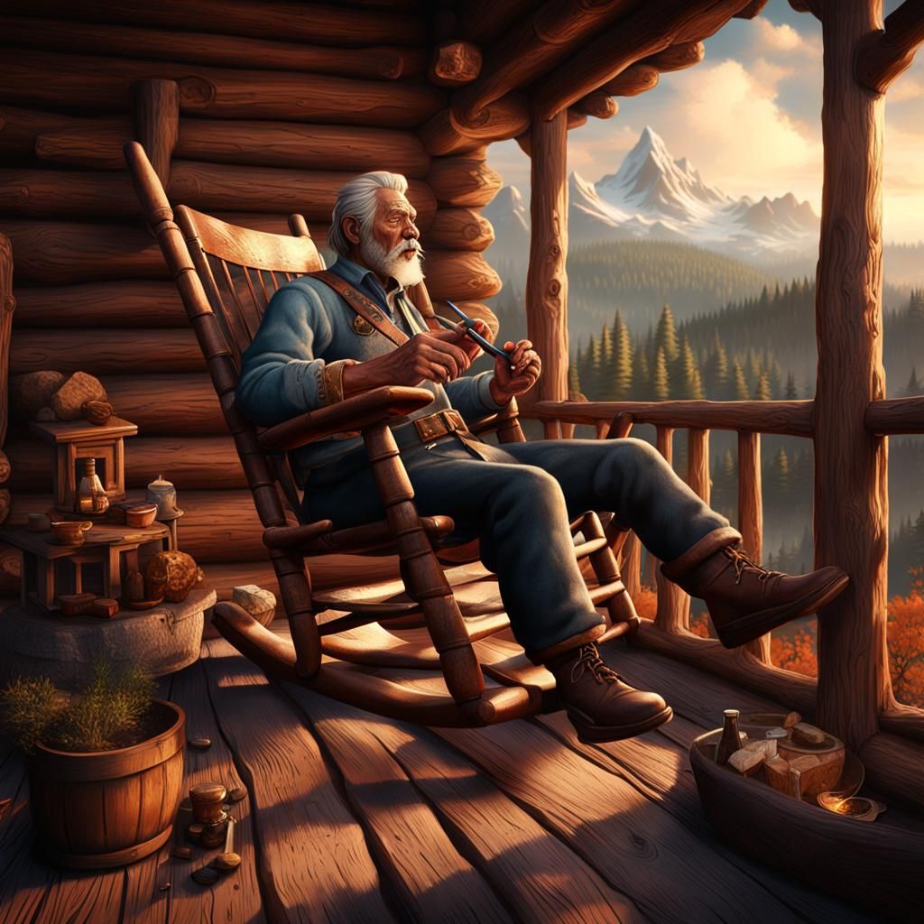 a  mountian man smoking a pipe setting in rocking chair on t...