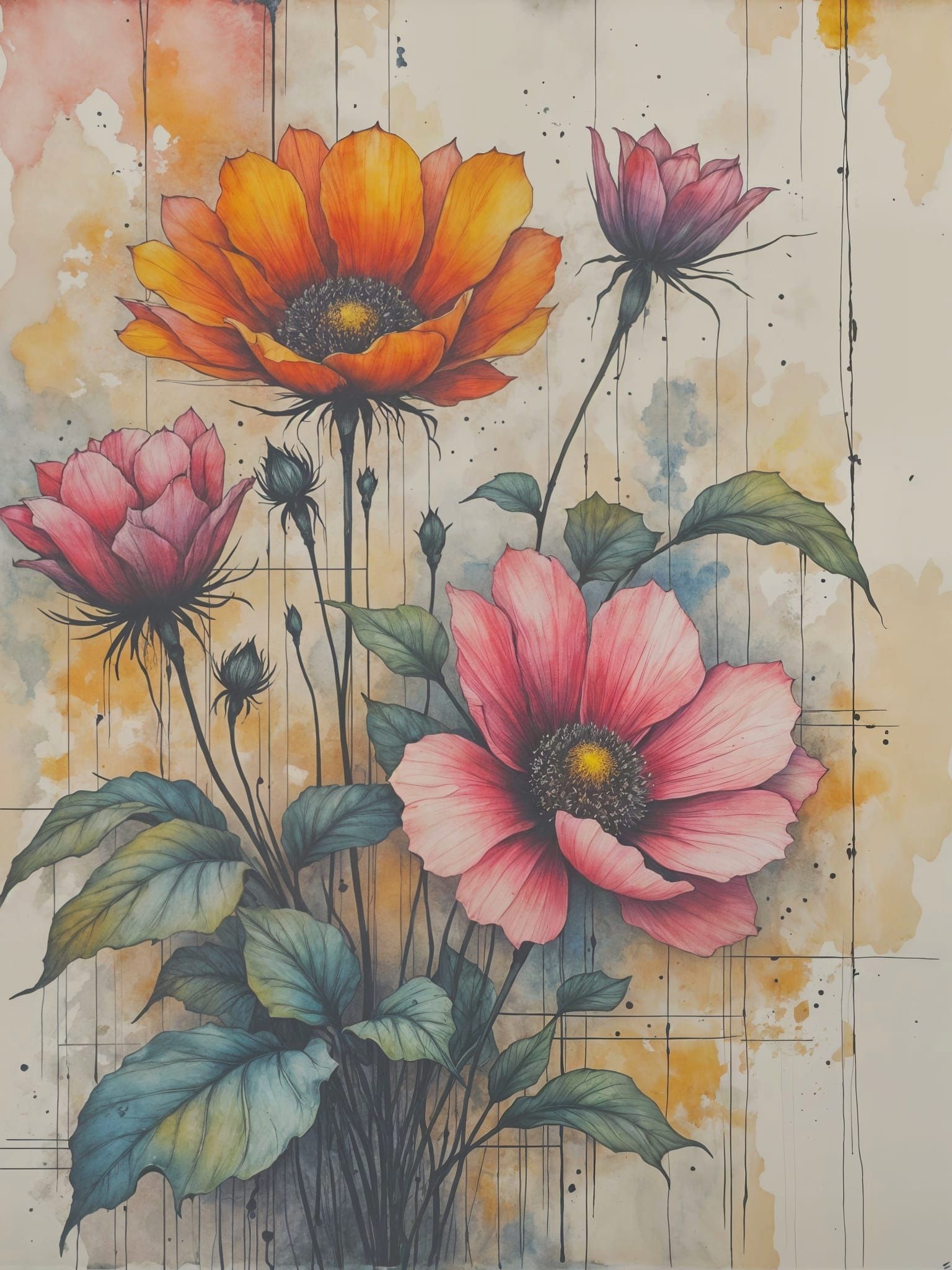 <lora:PR-Abstractive:1.0> Botanical Flora: texture and grunge, geometric paneled background, abstract ...  by @g r r c