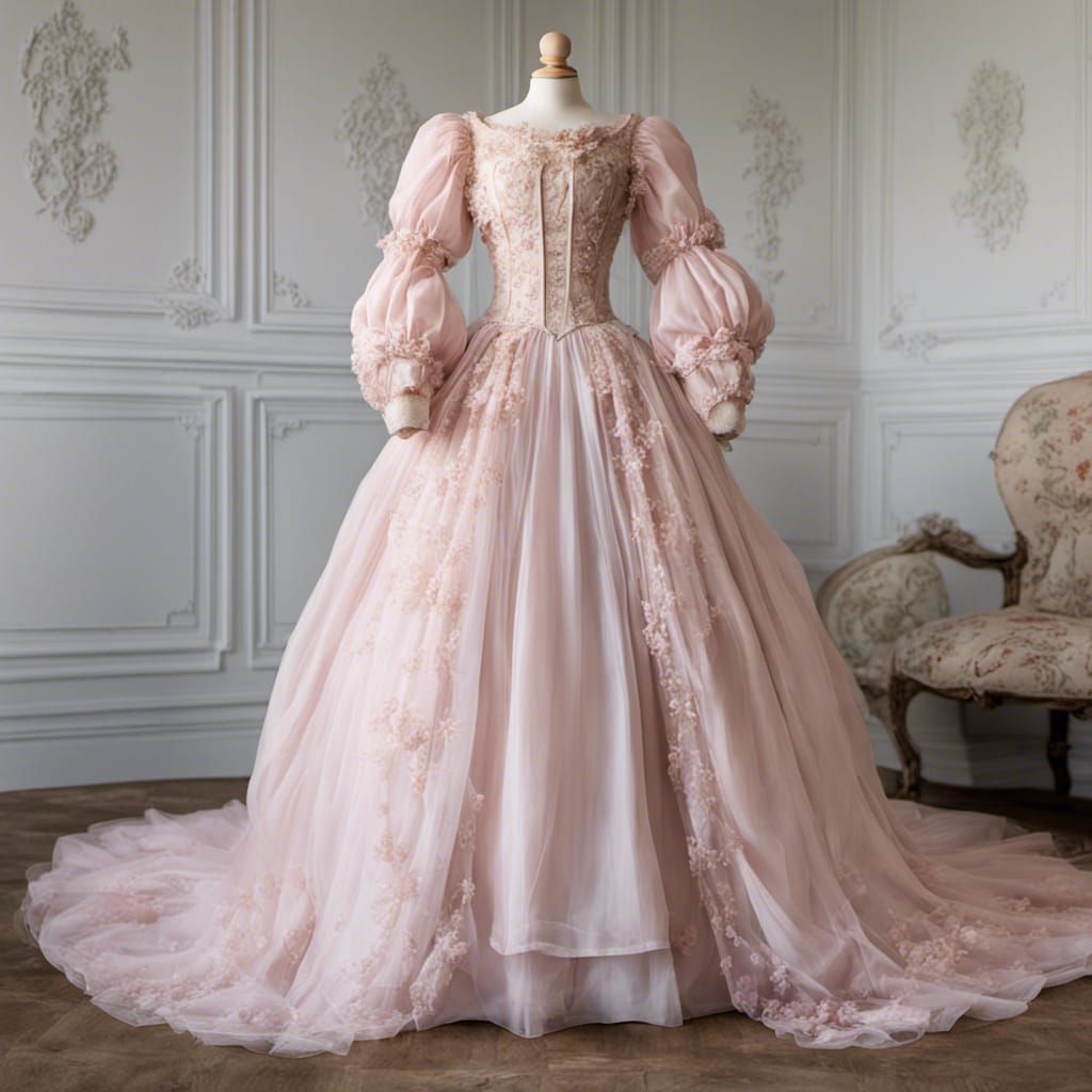 rococo, long pale pink princess dress, long sleeves, puffy s...
