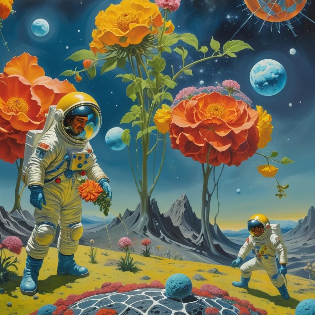 Three men in spacesuits tending to the flowers in a geodesic dome of ...