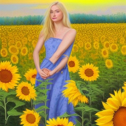 beautiful blonde woman in field of bright sunflowers