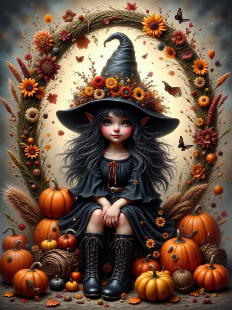 whimsical young witch with black hair and silver streaks wearing a witches black robe, black boots, she is sitting with her body on the outs...