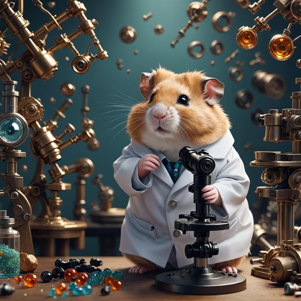 cut hamster wearing a lab coat and looking in a microscope f...
