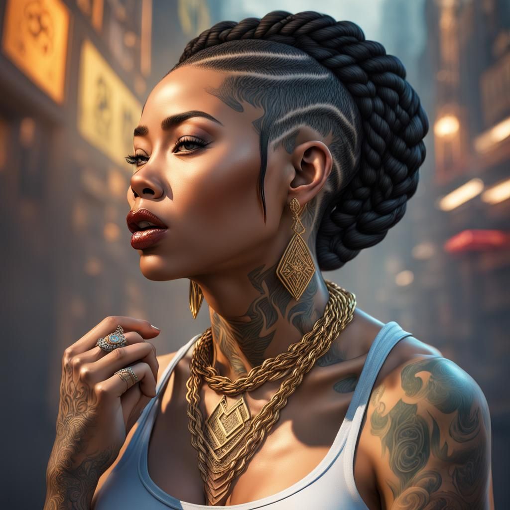 realistic 3d blasian female with braided hair and gold diamo...