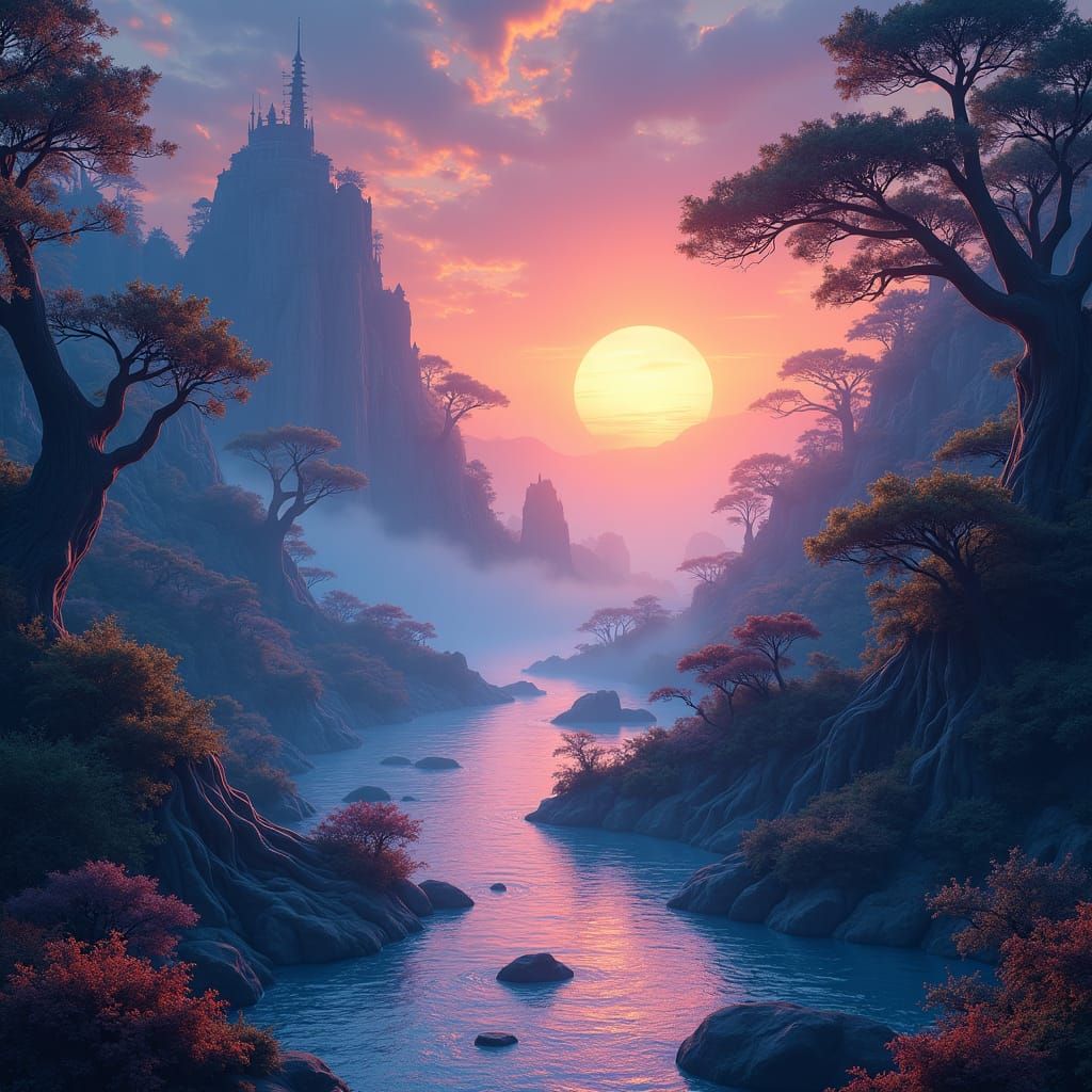 Surreal Sunrise Over Mystical Dreamlike Landscape